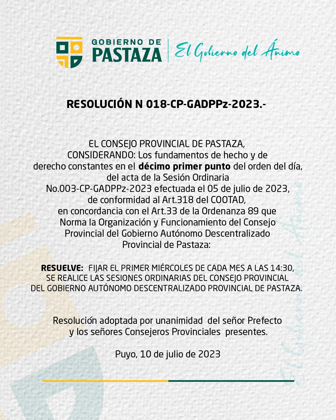 RESOLUCIÓN N 018-CP-GADPPz-2023.-